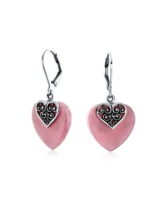 Boho Bali Style Scroll Filigree Pink Rhodochrosite Gemstone Heart Shaped Dangling Earrings For Women Oxidized .925 Sterling Silver Lever back