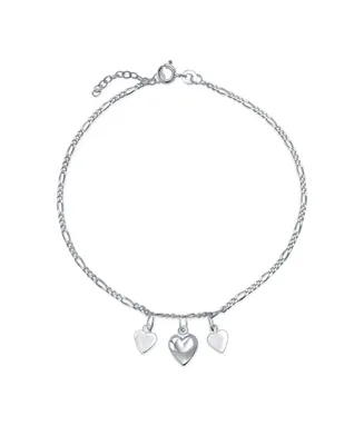 Three Multi Dangling Hearts Charms Anklet Ankle Figaro Bracelet For Women .925 Sterling Silver Adjustable 9 To 10 Inch With Extender