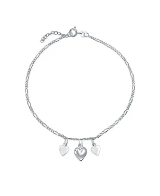 Bling Jewelry Three Multi Dangling Hearts Charms Anklet Ankle Figaro Bracelet For Women Sterling Silver Adjustable 9 To 10 Inch With Extender