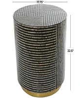 Rosemary Lane Mother of Pearl Drum Accent Table with Linear Mosaic Pattern and Gold Base