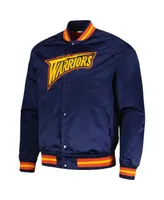 Men's Mitchell & Ness Navy Golden State Warriors Hardwood Classics Throwback Wordmark Raglan Full-Snap Jacket