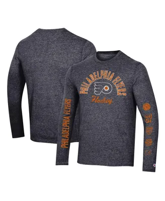 Men's Champion Heather Black Distressed Philadelphia Flyers Multi-Logo Tri-Blend Long Sleeve T-shirt