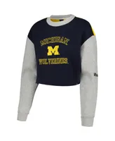 Women's Hype And Vice Navy Michigan Wolverines Colorblock Rookie Crew Pullover Sweatshirt