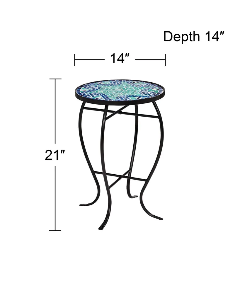 Ocean Wave Black Metal Round Outdoor Accent Side Tables 14" Wide Set of 2 Blue Mosaic Tile Tabletop Gracefully Curved Legs for Spaces Porch Patio Home