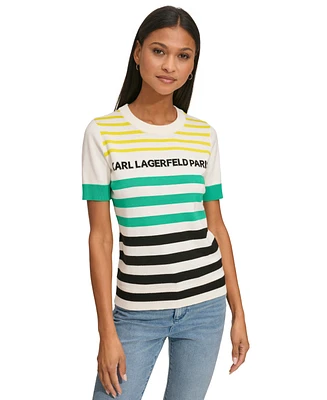 Karl Lagerfeld Paris Women's Multi-Color Striped Logo Sweater