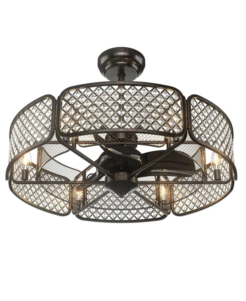 30 Inch Caged Ceiling Fan With Light Crystal Lampshade 6 Bases