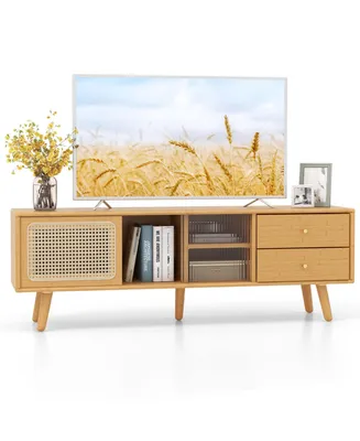 Bamboo Tv Stand Console Table with Pe Rattan Door & 2 Drawers for Tv up to 65''