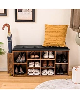 Wooden Shoe Bench 10-Cube Storage Organizer with Padded Cushion & Umbrella Holder