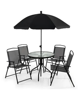 6 Pieces Patio Dining Set Folding Chairs Glass Table Tilt Umbrella for Garden-Grey