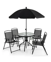 6 Pieces Patio Dining Set Folding Chairs Glass Table Tilt Umbrella for Garden-Grey