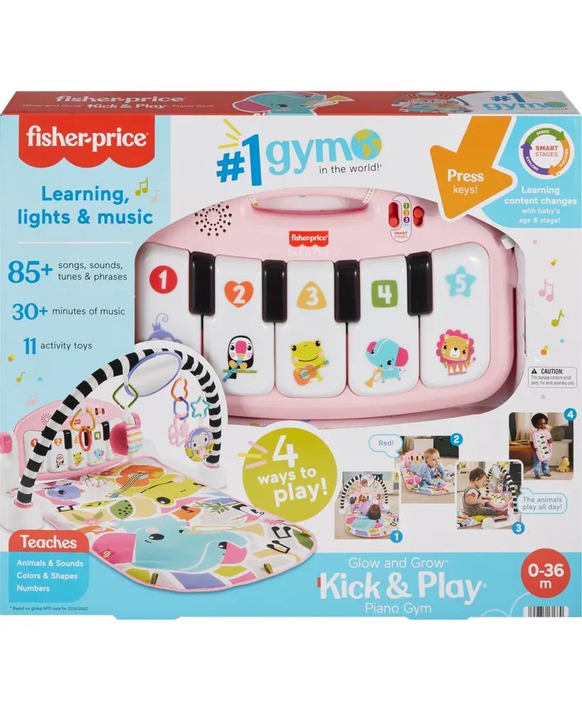 Fisher Price Glow and Grow Kick Play Piano Gym Baby Playmat with Musical Learning Toy, Pink