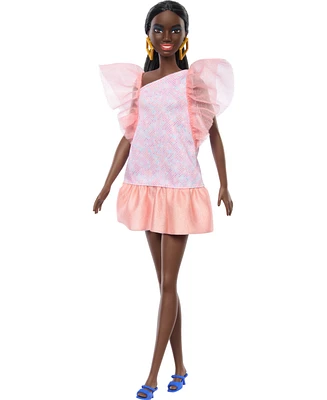 Barbie Fashionistas Doll 216 with Tall Body, Black Straight Hair and Peach Dress, 65th Anniversary