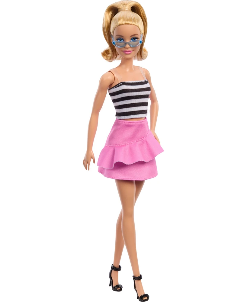 Barbie Fashionistas Doll 213, Blonde with Striped Top, Pink Skirt and Sunglasses, 65th Anniversary