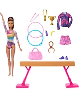 Barbie Gymnastics Play Set with Brunette Fashion Doll, Balance Beam, 10 Plus Accessories and Flip Feature