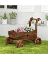 Decorative Wooden Wagon Cart with Handle Wheels and Drainage Hole-Rustic Brown