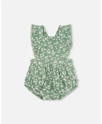Baby Girl Muslin Ruffle Romper Green Jasmine Flower Print - Infant