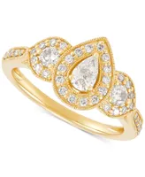 Diamond Pear-Cut Halo Three Stone Beaded Engagement Ring (3/4 ct. t.w.) in 14k Gold