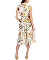 T Tahari Women's Floral Printed Linen-Blend Belted Fit & Flare Midi Dress