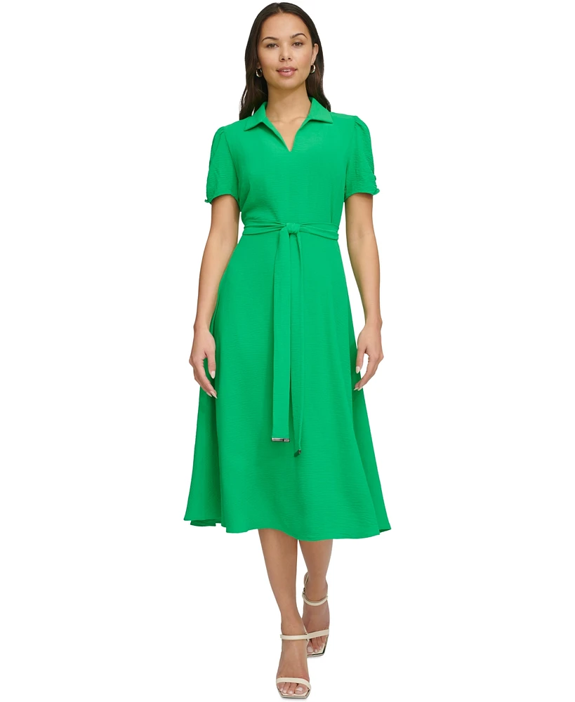 Dkny Women's Tie-Waist Point Collar A-Line Dress