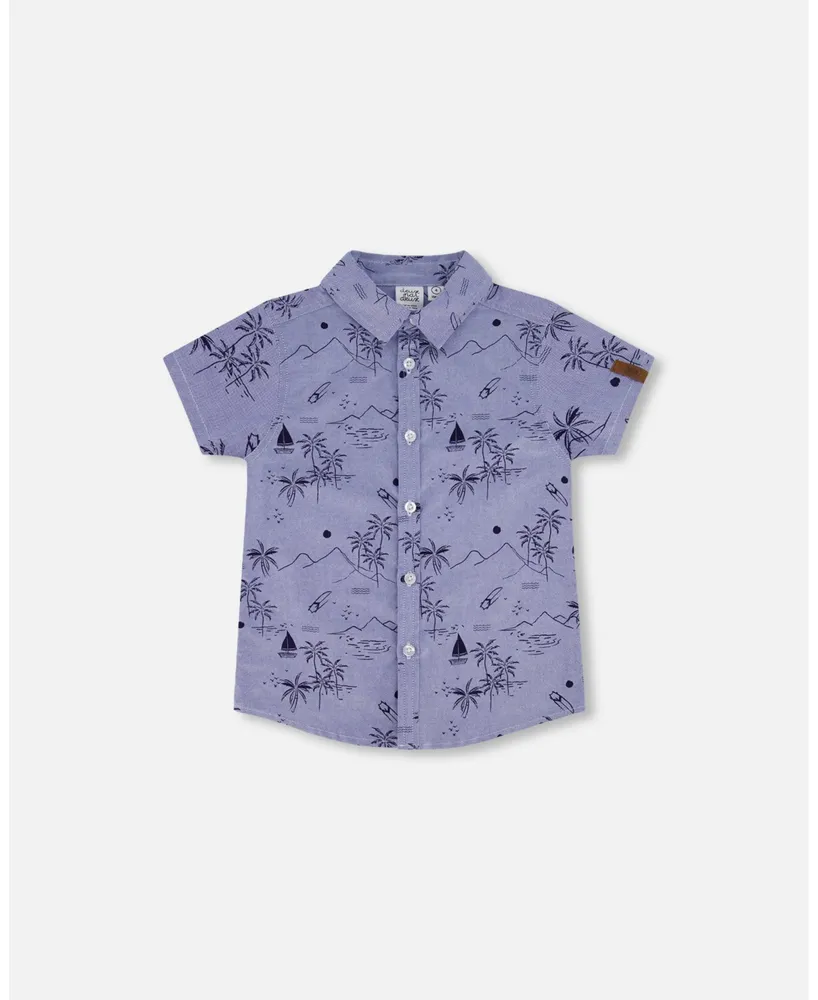 Boy Short Sleeve Chambray Shirt Blue Printed Beach