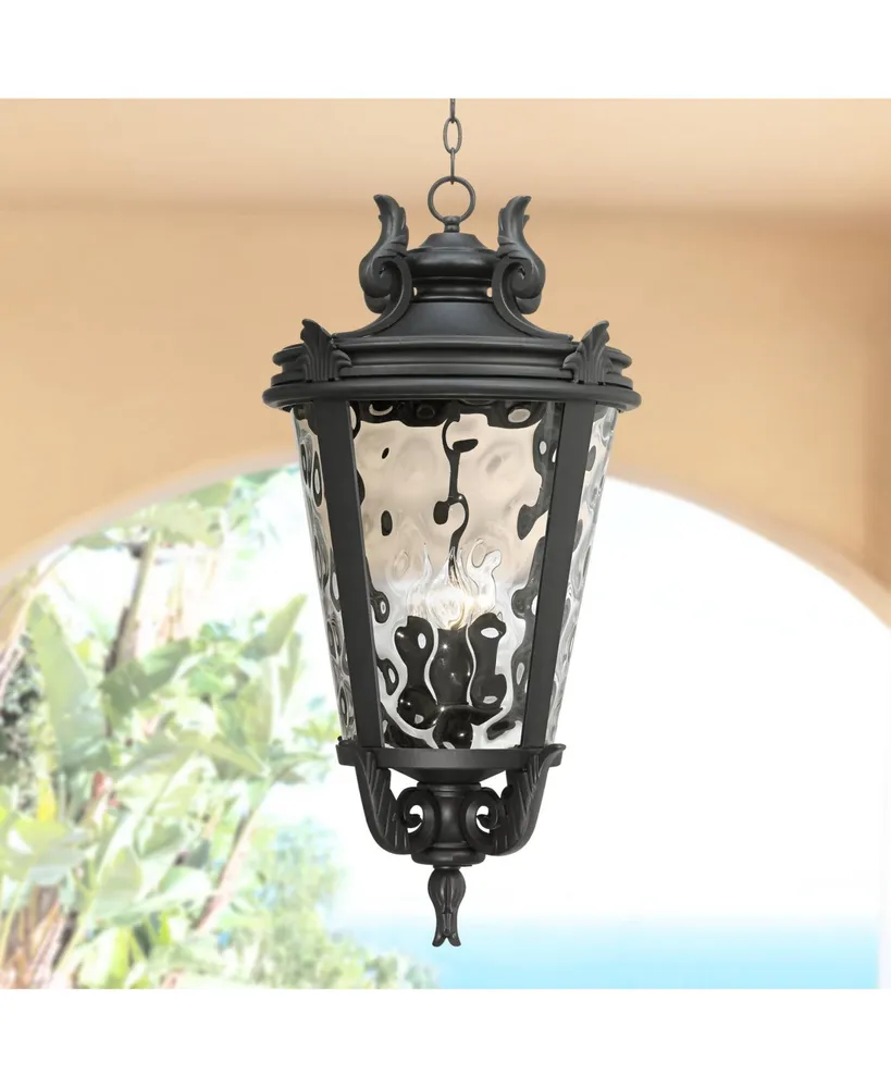 John Timberland Casa Marseille European Outdoor Hanging Ceiling Light Textured Black Scroll 30" Clear Hammered Glass Damp Rated for Exterior House Por