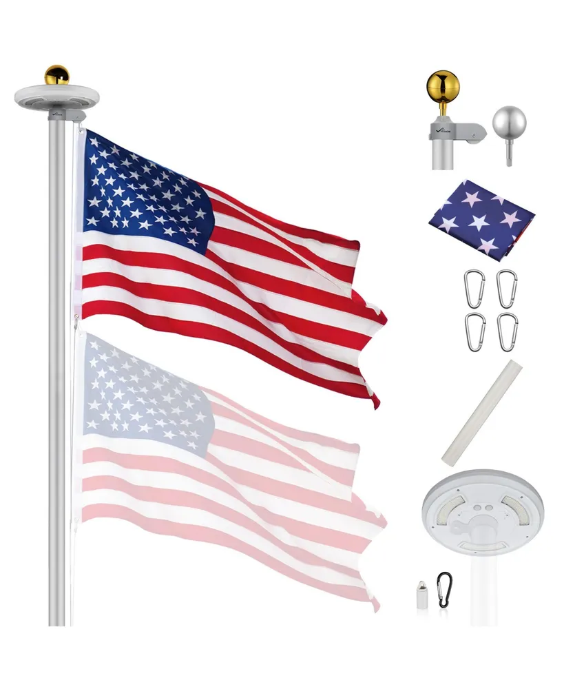 25 Ft Sectional Aluminum Flag Pole Kit with 111 Led Solar Light Us Flag Garden