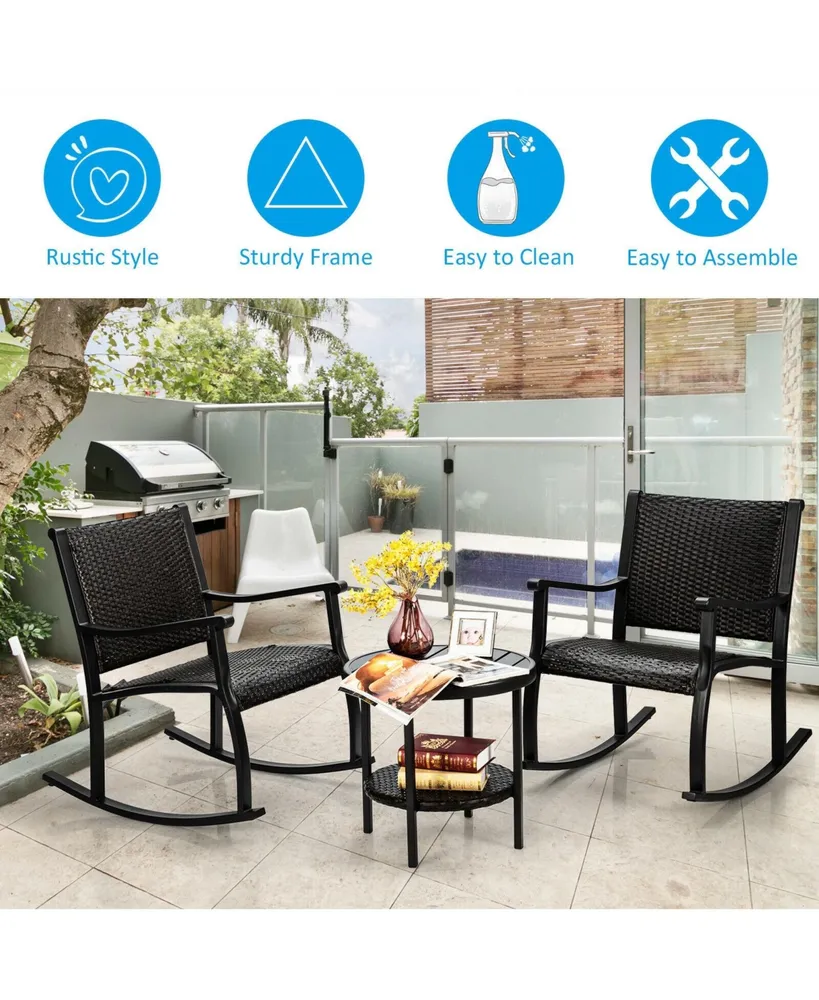 3 Pieces Patio Rattan Furniture Set with Coffee Table and Rocking Chairs