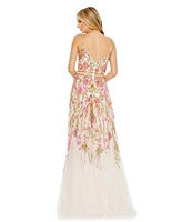 Women's V Neck Floral Embellished Spaghetti Strap Gown