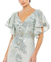 Women's Bell Sleeve Floral Embellished Gown