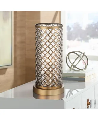 Alcazar Modern Glam Luxury Accent Table Lamp 12" High Brass Gold Metal Lattice Outer Mercury Glass Inner Cylinder Shade Decor for Bedroom House Bedsid