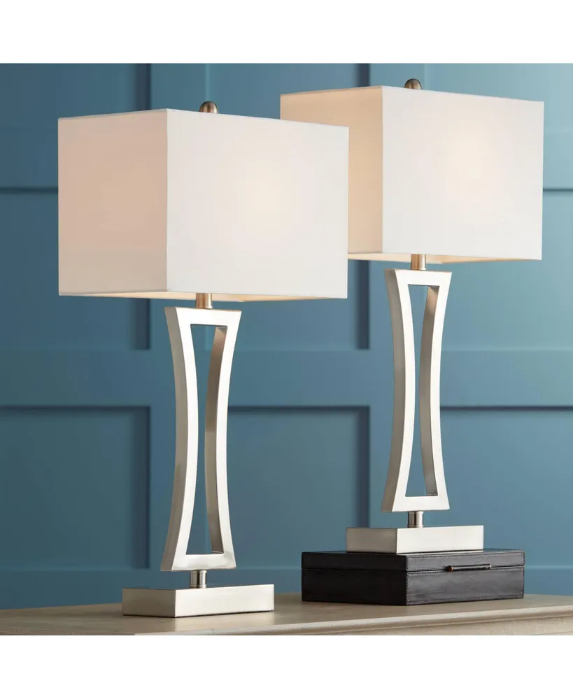 Roxie Modern Table Lamps 31" Tall Set of 2 Brushed Nickel Silver Metal Off White Fabric Rectangular Shade for Bedroom Living Room House Bedside Nights