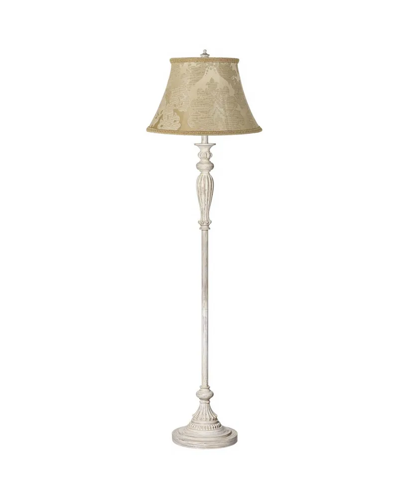 Traditional Vintage like Shabby Chic Standing Floor Lamp 60" Tall Antique White Washed with Ivory Brocade Fabric Bell Shade Decor for Living Room Read