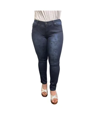 Women's Curvy Fit Stretch Denim Blasted Daisy Printed Mid-Rise Skinny Jeans
