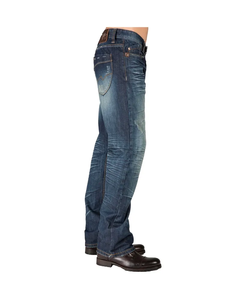 Men's Slim Straight Premium Jeans Dark Tinted Blue Hand Rub Whisker