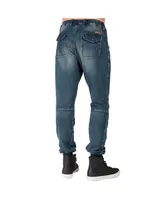 Men's Premium Knit Denim Jogger Jeans Indigo Hand Sanded Knee Patches