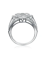 Sterling Silver with White Gold Plated Triple Split Shank Clear Baguette Round Cubic Zirconia Ring