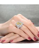 Sterling Silver White Gold Plated with Yellow Square Cubic Zirconia with Cubic Zirconia's Petals Flower Ring