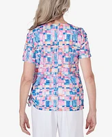 Alfred Dunner Women's Paradise Island Braided Neckline Geometric Top