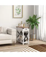 Side Table with Charging Station, End Table with Storage, White