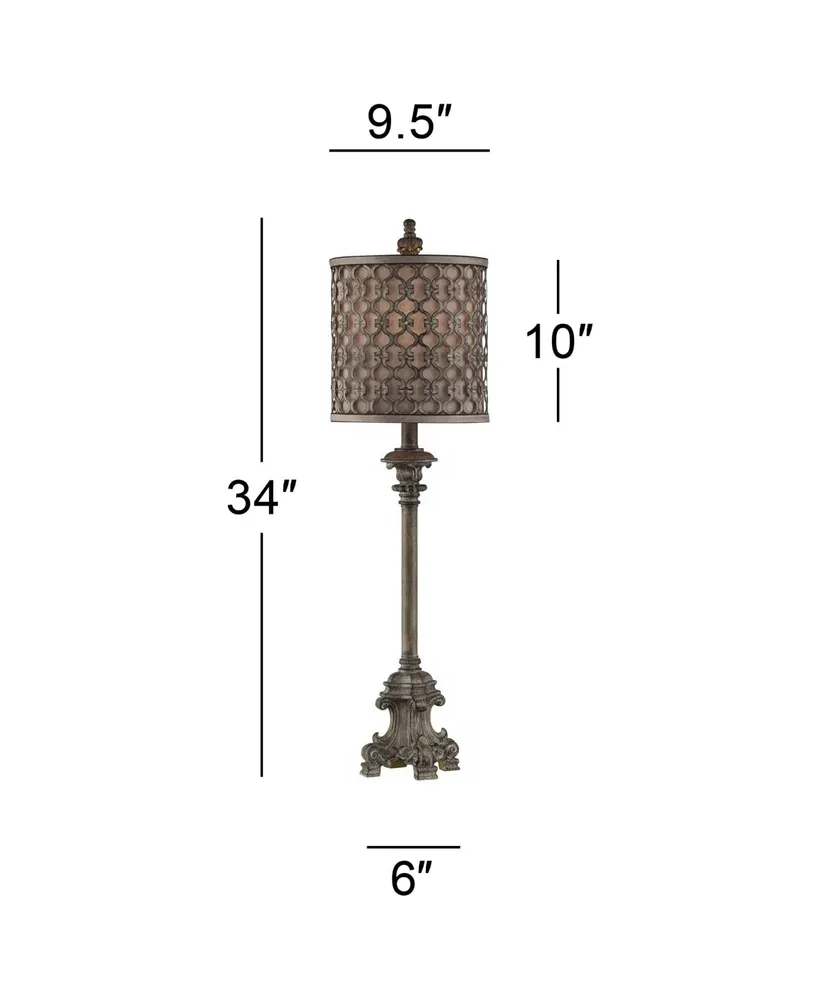 Traditional French Country Style Tall Skinny Buffet Table Lamp Beige Scroll Metal Lattice Candlestick Framed Cylinder Drum Shade Decor for Living Room