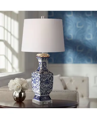 Iris Vintage like Asian Chinese Style Table Lamp 28" Tall Porcelain Blue Floral Jar Geneva White Drum Shade Decor for Living Room Bedroom House Bedsid