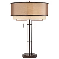 Andes Modern Industrial Table Lamp 27 1/2" Tall Oil Rubbed Bronze Brown Metal Stacked Double Fabric Drum Shade for Bedroom Living Room House Home Beds