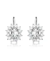 White Gold Plated with Cubic Zirconia Hibiscus Flower Cluster Drop Earrings with Lever back