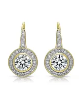 14K Gold Plated Round Cubic Zirconia Bezel Halo Dangle Earrings