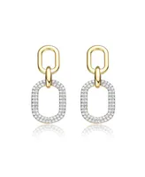 14k Yellow Gold Plated with Cubic Zirconia Pave Geometric Oval Chain Dangle Earrings