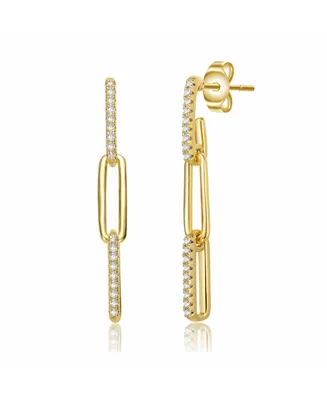 Classic 14k Yellow Gold Plated with Cubic Zirconia Triple Oblong Oval Cable Chain Drop Earrings