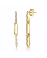 Classic 14k Yellow Gold Plated with Cubic Zirconia Triple Oblong Oval Cable Chain Drop Earrings