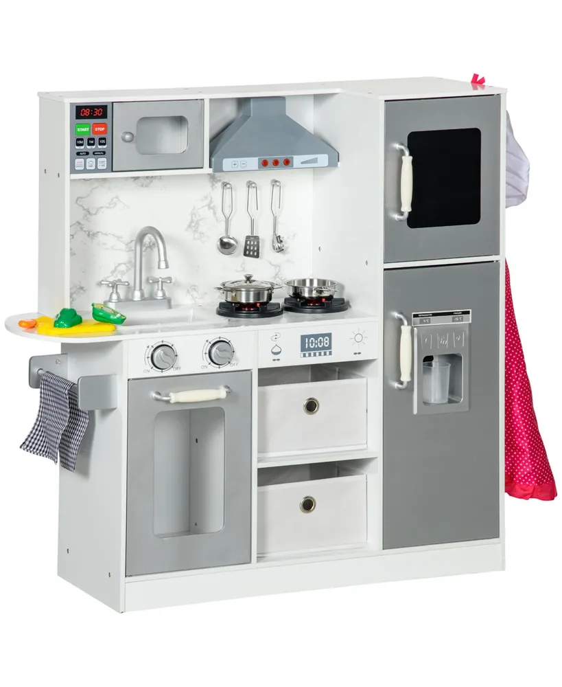 Qaba Play Kitchen Set for Kids W/ Lights Sounds, Apron and Chef Hat, White