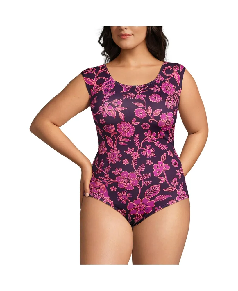 Lands' End Women's Plus Chlorine Resistant Tummy Control Cap Sleeve X-Back One Piece Swimsuit