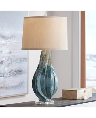 Teresa Modern Coastal Table Lamp 31" Tall Teal Blue Drip Ceramic Beige Fabric Drum Shade Decor for Bedroom Living Room House Bedside Nightstand H